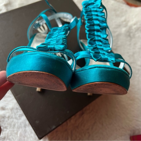 BEBE Jenny Turquoise Satin Bow Strap Heels - Picture 4 of 7